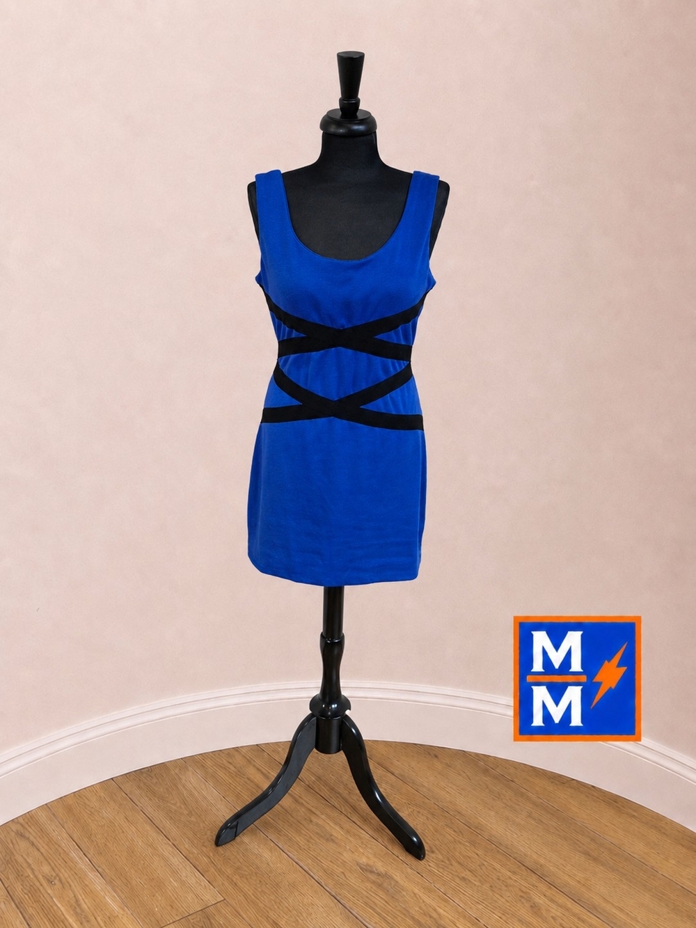 One Clothing Blue & Black Bodycon Dress Size Large Stretch Cocktail Party Dress